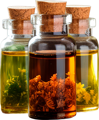Fioles d’huiles essentielles et plantes infusées